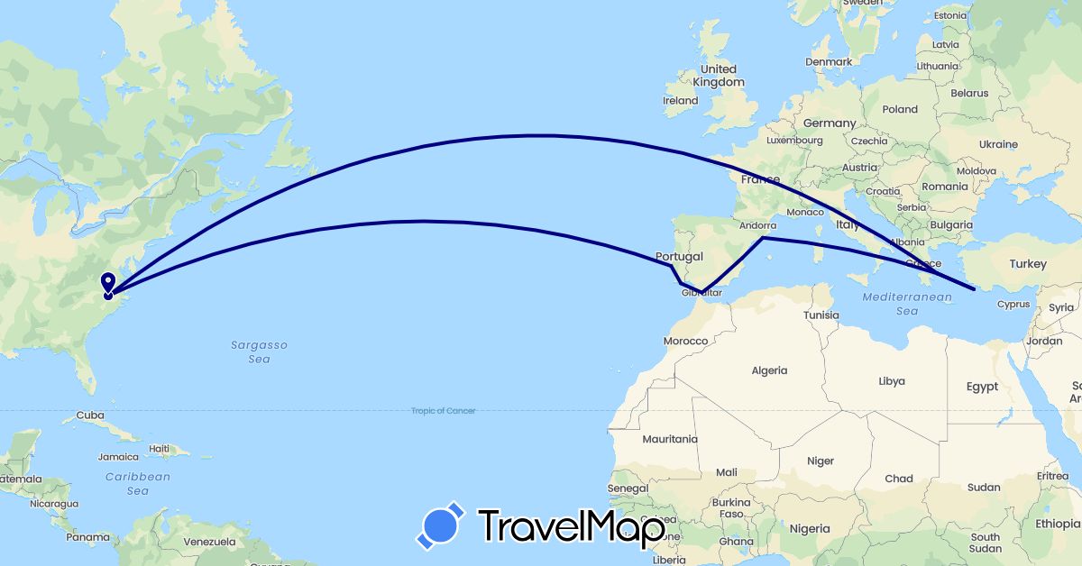 TravelMap itinerary: driving in Spain, Gibraltar, Greece, Portugal, United States (Europe, North America)
